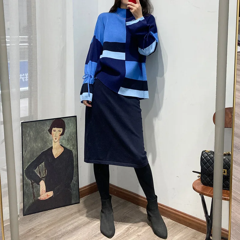 

Blue Contrast Color Shirring Drawstring Women Dress 2 Pcs Full Sleeves Loose Casual Streetwear Lady Straight Dresses Two Piece