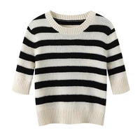t shirt women stripe top 100 wool knitted o neck half sleeves high waist lady casual elastic tight short sweater new fashion