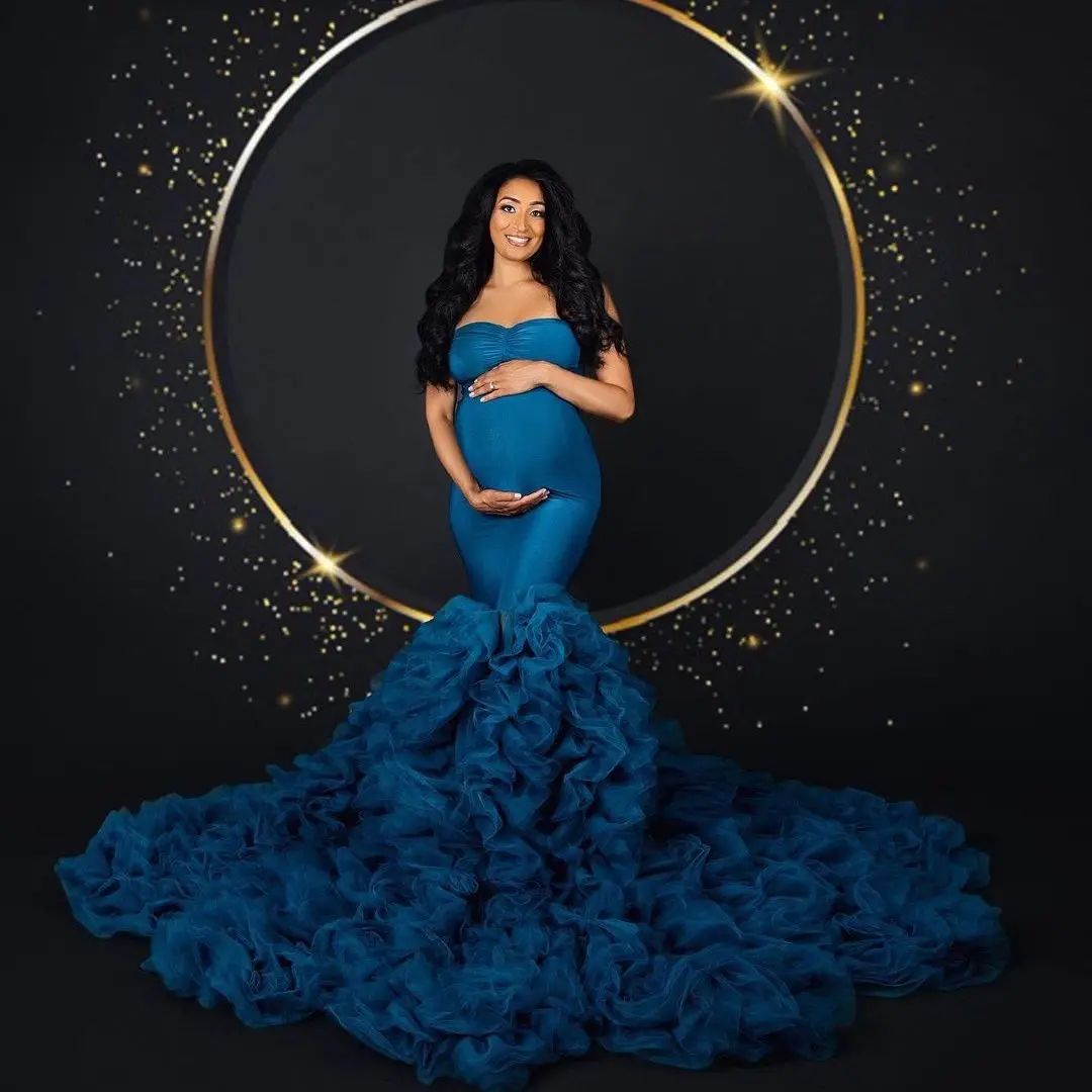 

Синие платья для беременных для фотосессии, женское платье без бретелек для выпускного вечера с оборками, платья для беременных с юбкой-год...