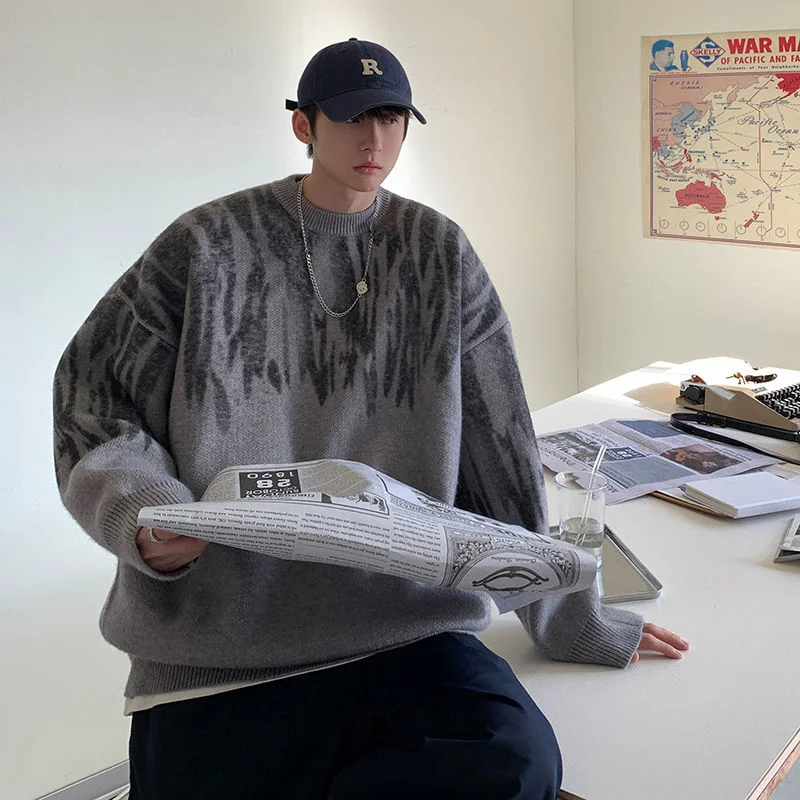 

2022 Men Tie Dyed Sweater Winter Clothes Pullover Neck Long Sleeves Academy Round Collar Easy Leisure Gray Fashion Hot New