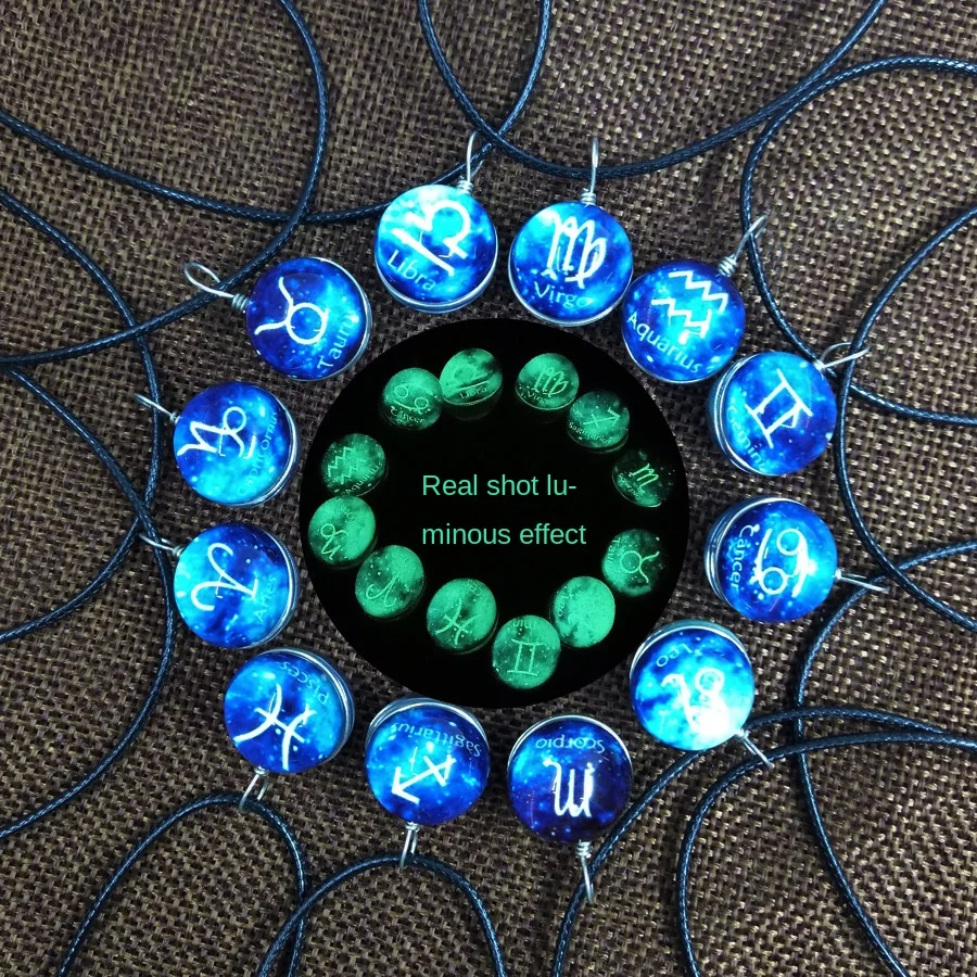 

New Luminous 12 Constellation Necklace Time Stone Pendant Crystal Black Rope Necklace Fashion charm necklace for women and men