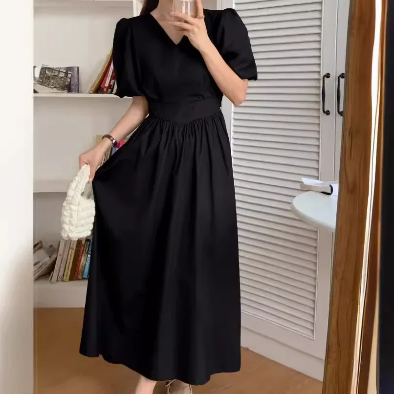 Шикарные корейские утягивающие платья с v-образным вырезом и короткими рукавами