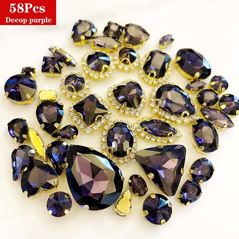 

58pcs/bag Shiny Deep Purple Sew on Stones,Gold Base Mix Color Crystal Glass Flatback Rhinestones,Diy/Clothes/Wedding Decoration