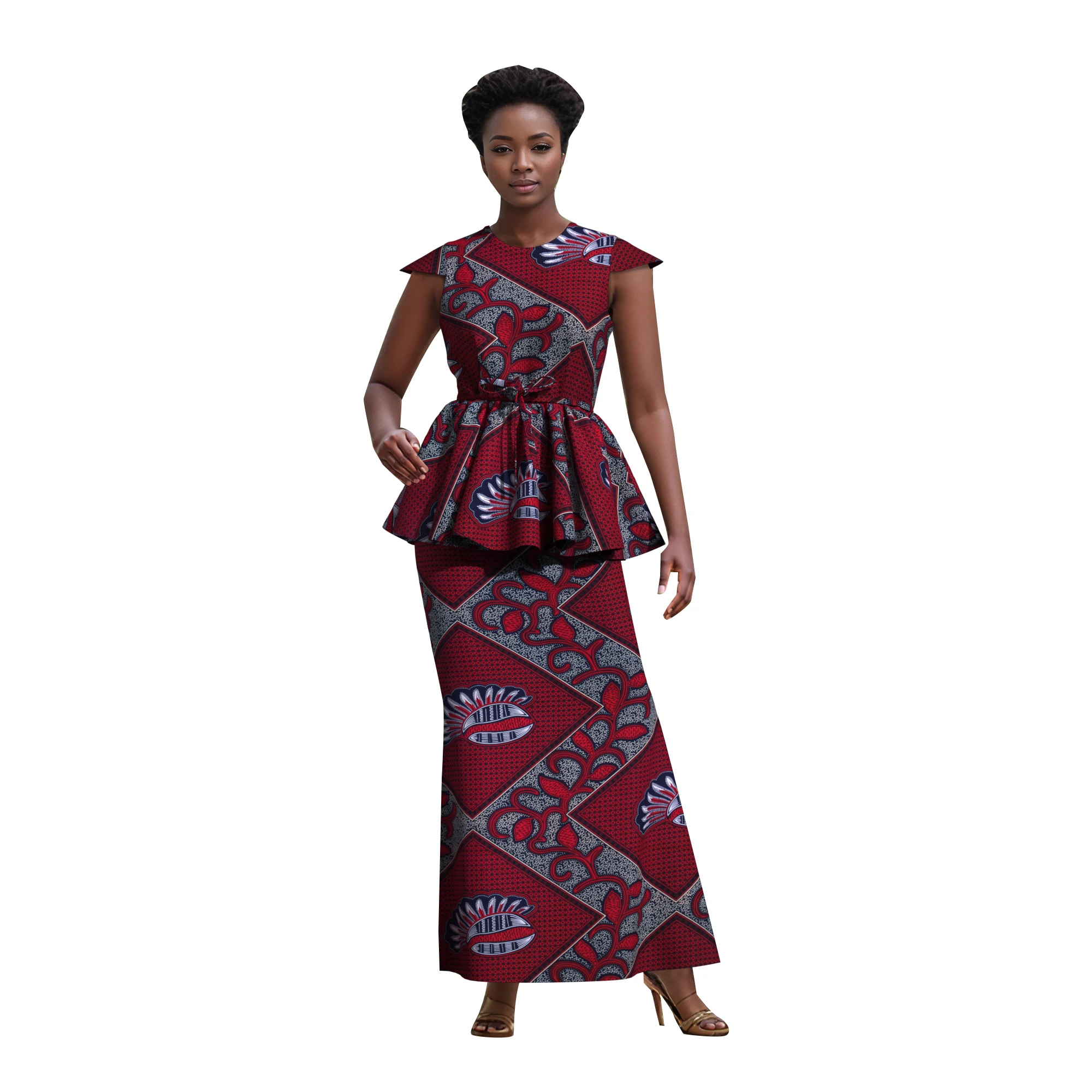 Костюм BintaRealWax Kente Geometric Africa из двух предметов: топ с рукавами-крылышками и завязками на талии, пэплум-топ, макси-юбка, женский деловой костюм WY10558 (art.: 3920db79fb011) - 3920db79fb011