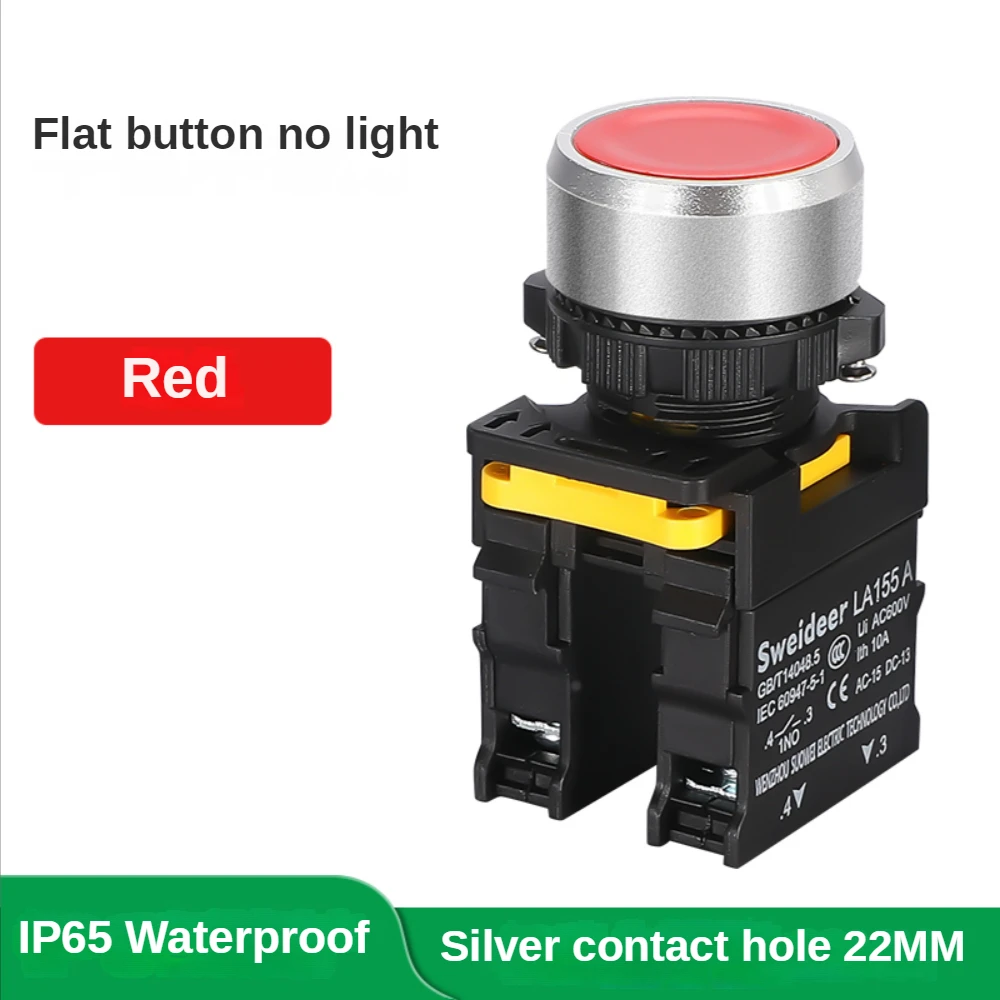 

Водонепроницаемый кнопочный переключатель с мгновенным самосбросом, самоблокирующийся, с плоской круглой головкой, 22 мм, кнопочный переключатель питания 10A 1NO1NC, красный, зеленый