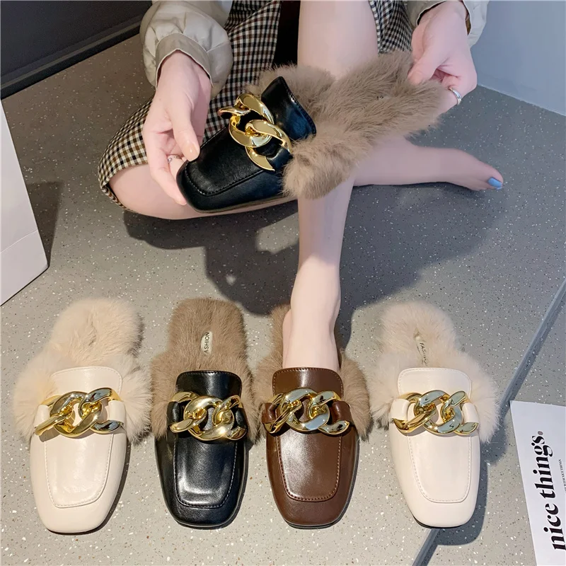

Low Fur Shoes Slippers Casual Slides Mules For Women 2022 Cover Toe Pantofle Plush Luxury Flat Soft New Rubber Chain Microfiber