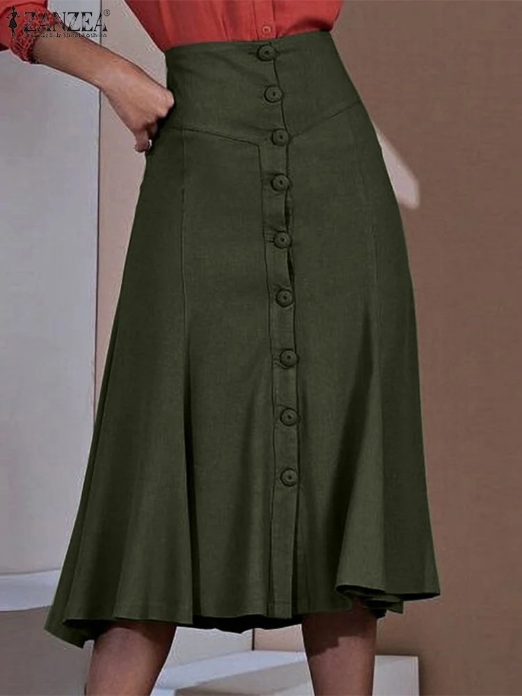 

ZANZEA Women A-line Skirt 2023 Vintage Ruffles Hem Skirts Office High Waist Buttons Midi Faldas Korean Style Solid Color Jupes