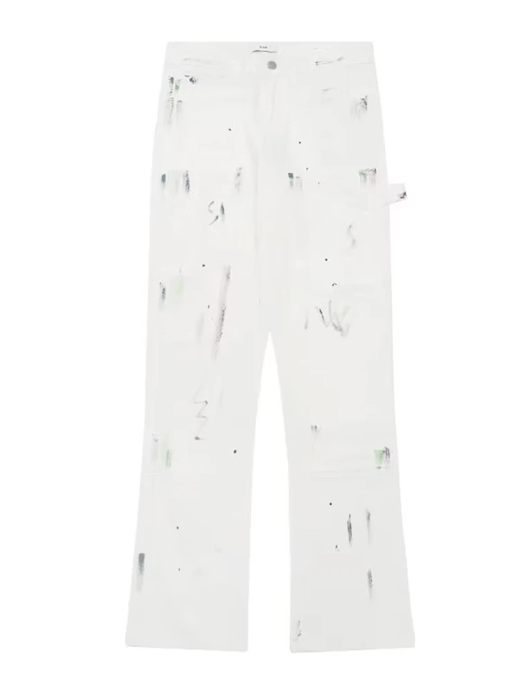 Irregular Ink Splashing Complete Printing Men's Casual Jeans Street Clothing Fashion Pants Pants Pants Straight Legs White Denim