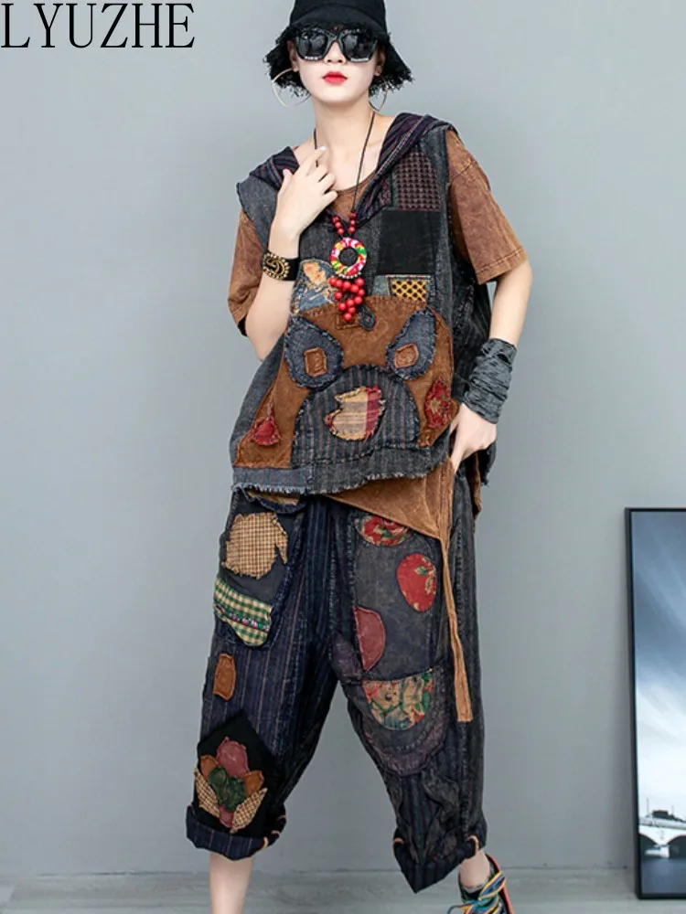 

LYUZHE Hand Embroidered Old Cloth Matching Set Women 2023 Summer New Loose Hooded Vest + Cropped Pant Two Piece Set ZXF664A