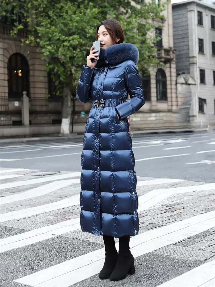 New Women Long Down Coat Winter Fashion Wash Free Glossy Surface Real Fox Fur Collar Thicken Down Jacket Strecth Belt Overcoat