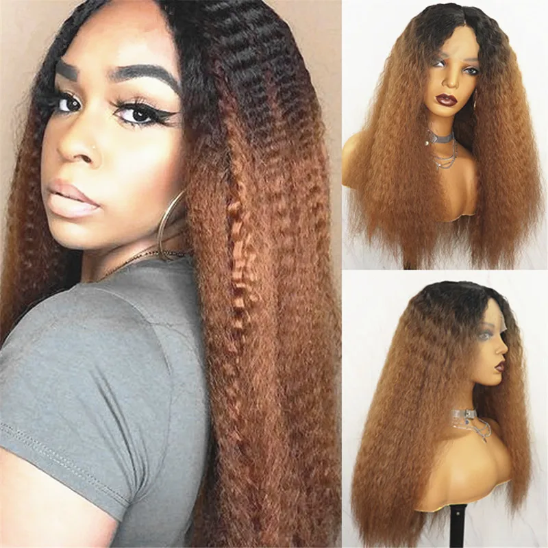 

Natural 28 inch Soft Ombre Blonde Yaki Kinky Straight Hair Wig For Women Natural Hairline Kinky Straight Wig With Afro Baby Hair