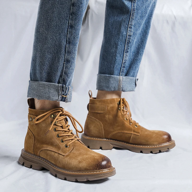 Ботинки мужские кожаные высокие мотоциклетные ботильоны на шнуровке обувь в