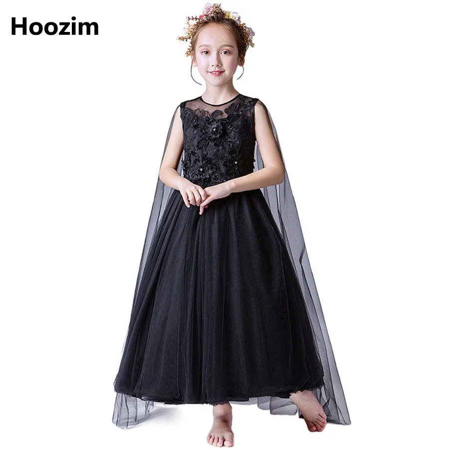 

Luxury Black Mantle Embroidery Flower Tulle Pageant And Evening Party Dress Girls 4 To 15 Years Prom And Gala Ball Gown Teenager