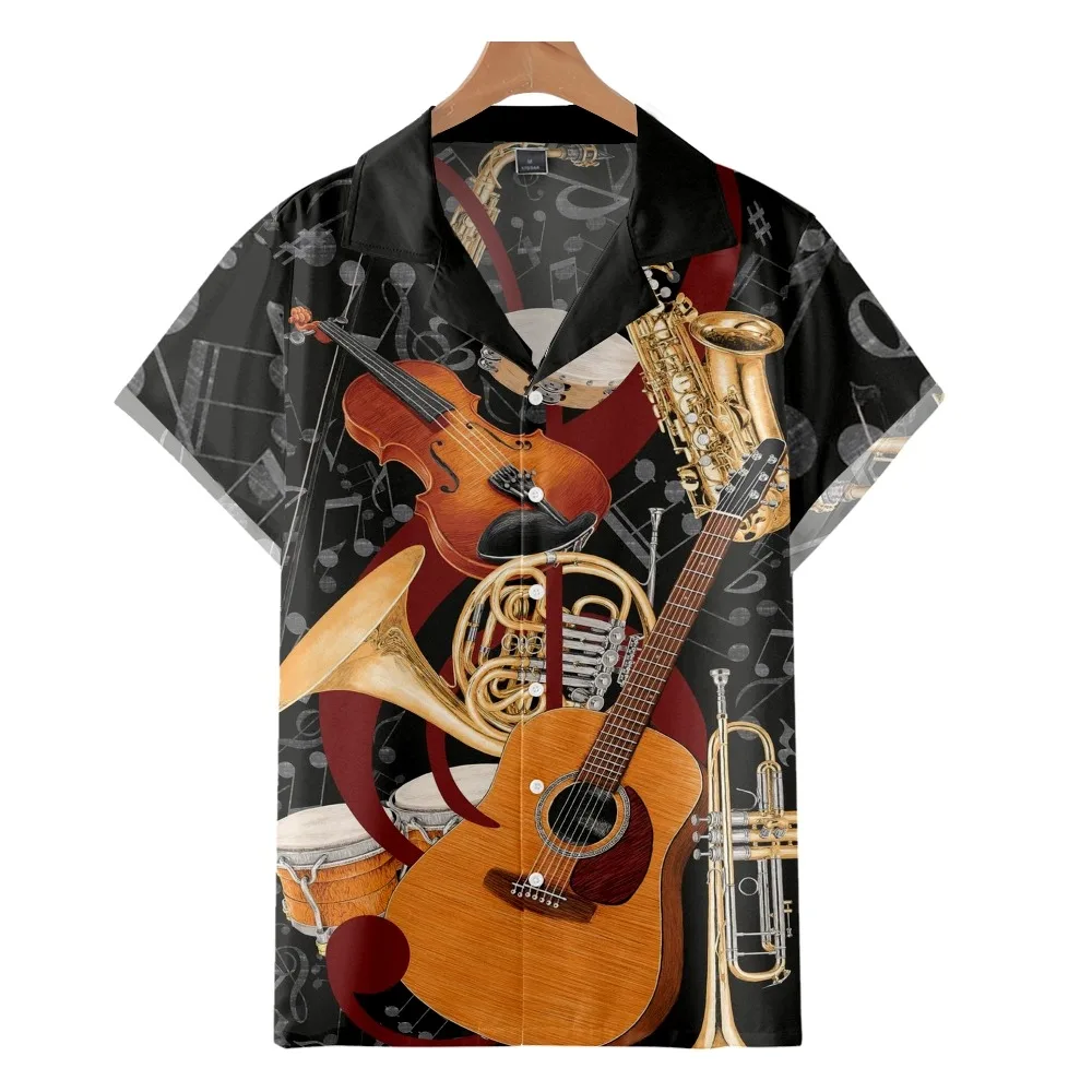 

2022 Fashion Casual Hawaiian Beach Shirt, Jazz Instrument Pattern Vintage Print, Summer Cuban Collar Shirt for Men and Women