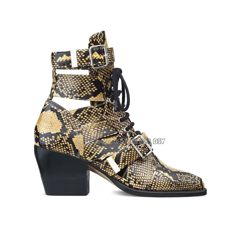 Metal Buckle Real Leather Lace Up Short Boots Women Cut Out Designer Chunky Heeled Spring Autumn Ankle Boots Plus Size