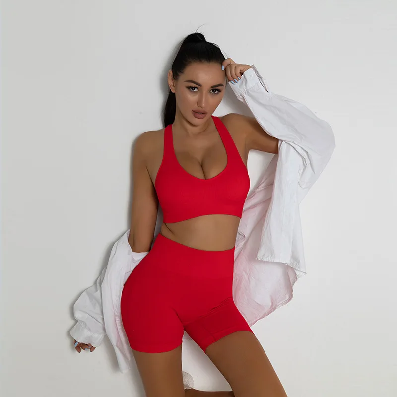 

Женский Новый Бесшовный комплект для йоги, спортивный бюстгальтер + шорты для йоги с высокой талией, спортивная одежда для тренировок, женск...