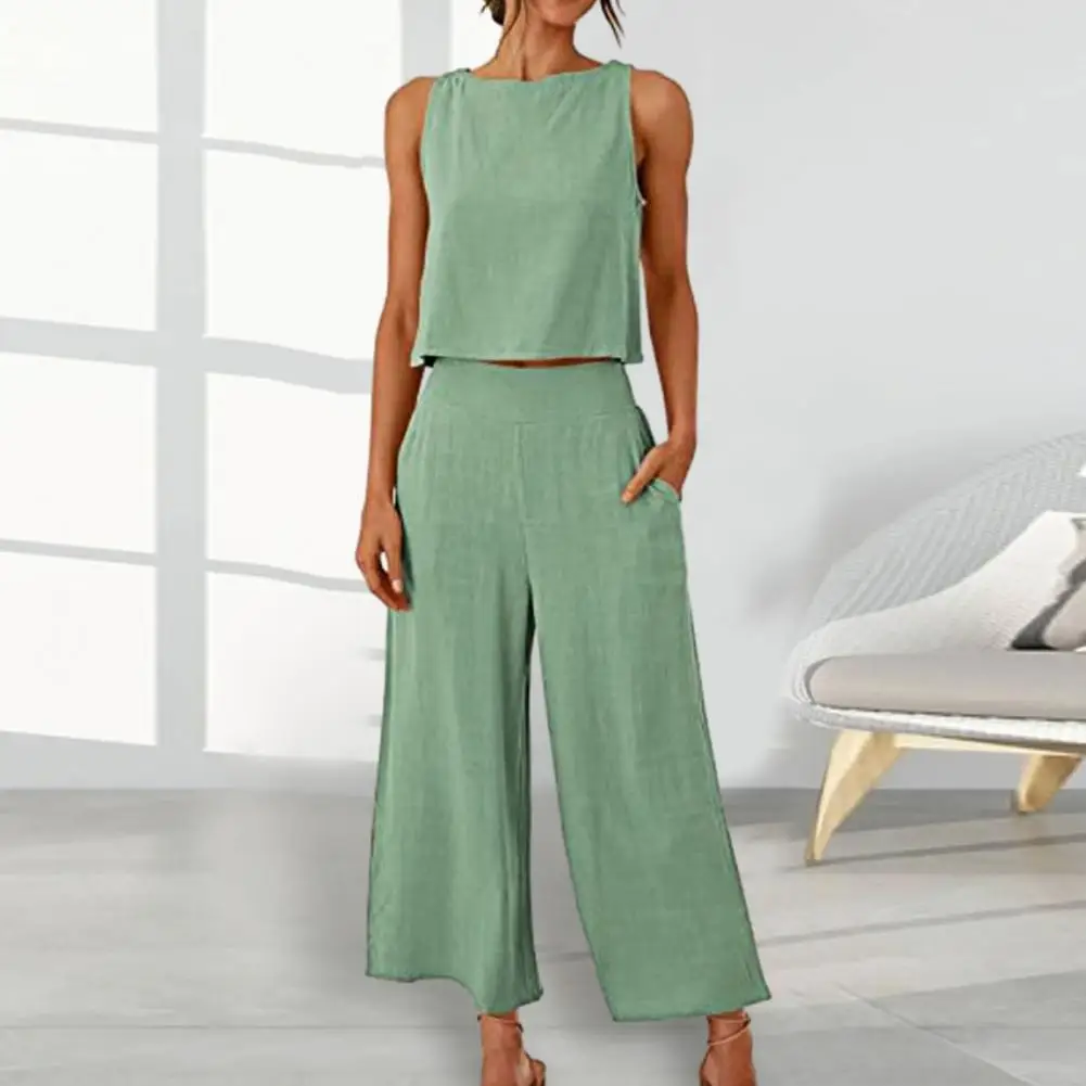 

Women Casual Outfit Stylish Women's 2-piece Set Sleeveless Cropped Top Wide Leg Pants Loose Fit Solid Color Summer for Casual