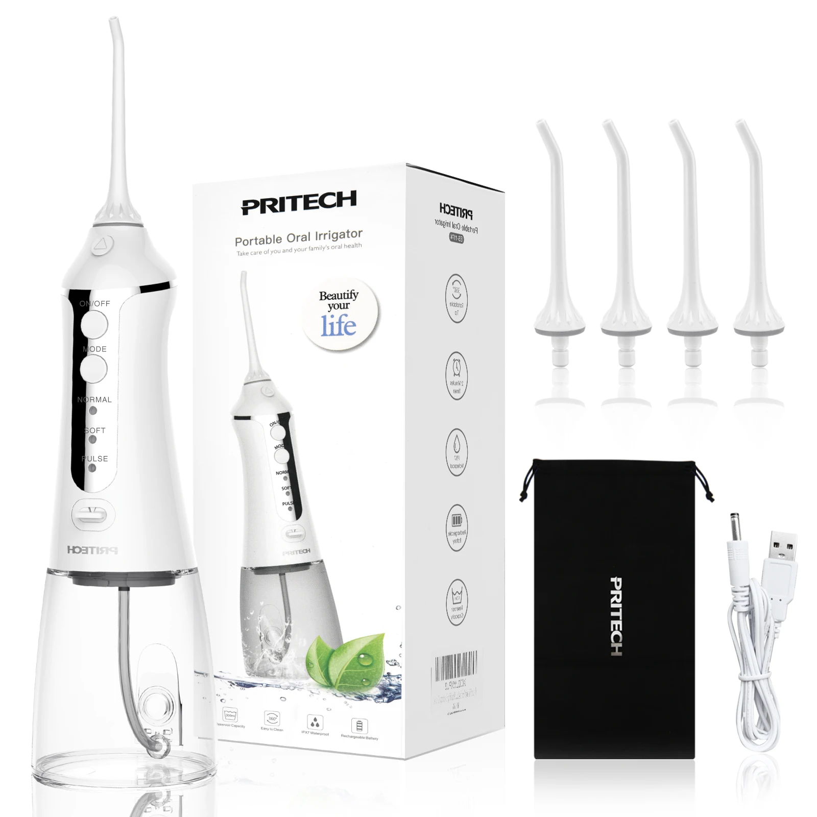 

Oral Irrigator 3 Modes Waterproof 300ML Water Flosser Tank For Teeth Whitening,Portable Dental Jet Usb Cleaning Tools 4 Nozzles