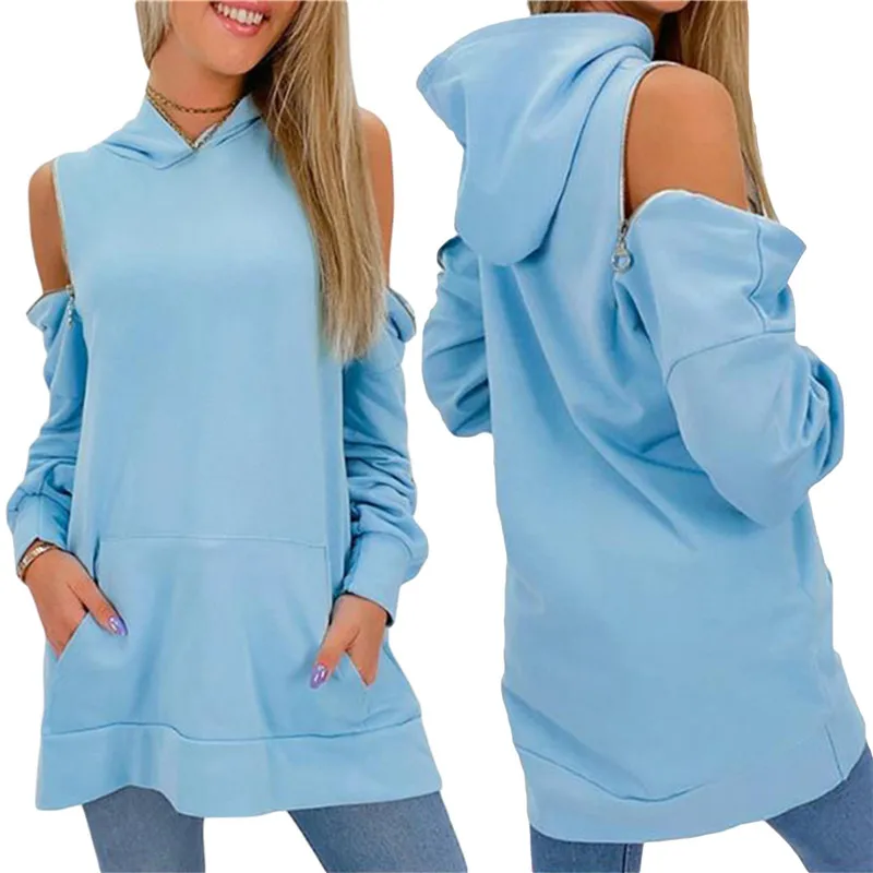 

Women Casual Loose Hooded Hoodie Long Sleeve Hoody Solid Color Zipper Off Shoulder Sweatshirts Fall Spring Pullover Coat