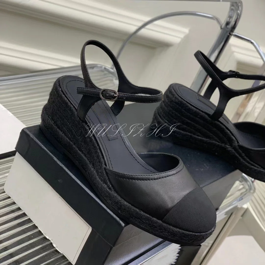 Apricot Wedge Bucket Shoes Leather Suede Black Espadarille Women Braided Round Cover Heel Casual Mixed Colors Sandal Buckle Shoe