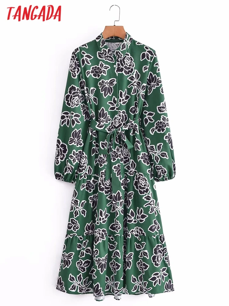 

Tangada 2022 Women Flowers Print Dress Turn Down Collar Long Sleeve Office Ladies Midi Dress 3A71