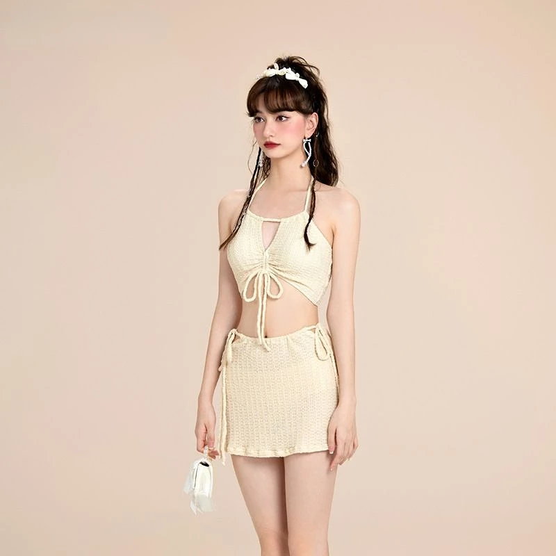

Новинка, Модный комплект бикини в Корейском стиле для лета 2023, комплект из двух предметов, однотонный соблазнительный женский купальник на шнуровке, пляжный купальный костюм, купальники Q219