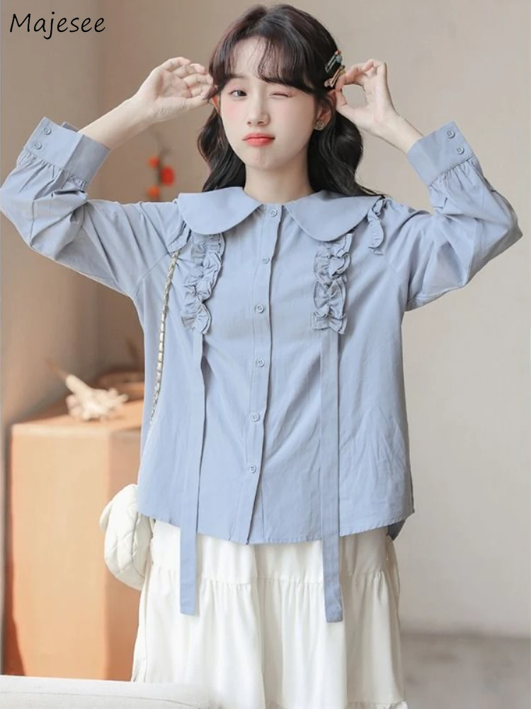 

Peter Pan Collar Shirts Women Blue Fashion Autumn New Sweet Ruffles Elegant Korean Style Female Age-reducing All-match Aesthetic