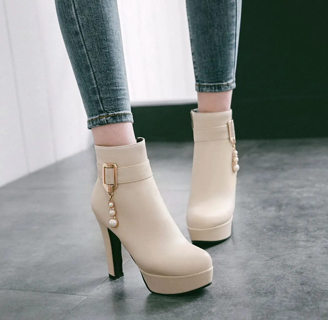 

Winter 2023 Waterproof Platform Boots Women's Leather Boots Metal Buckle Super High Side Zipper Short Boots Size 44