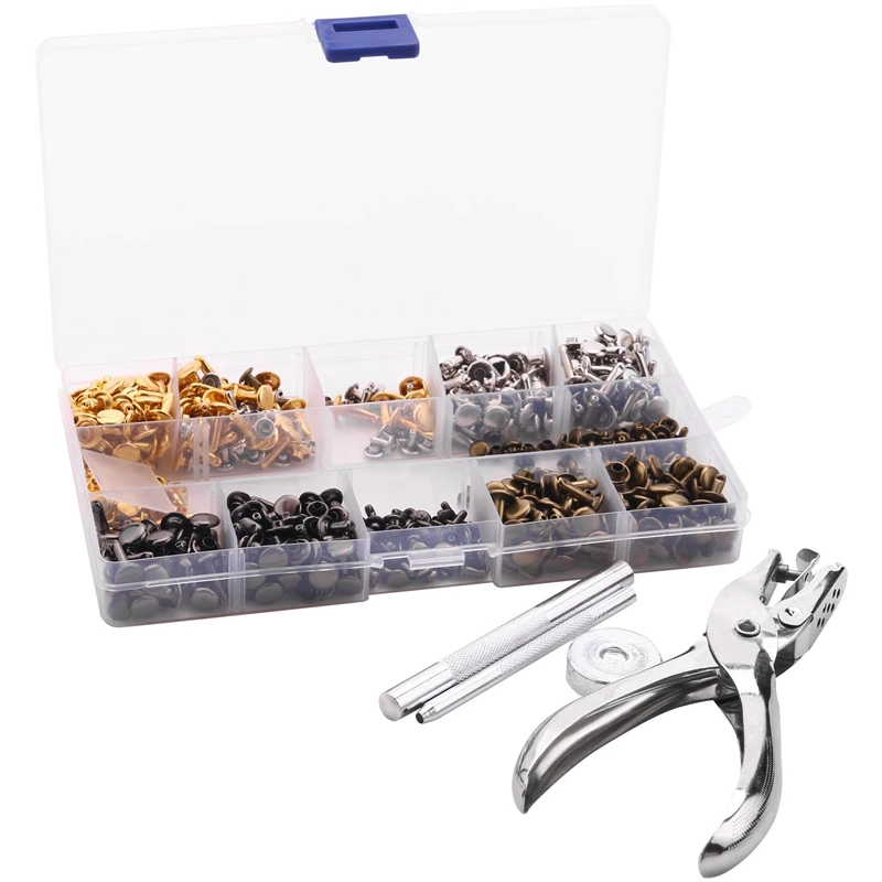

360Pcs 3 Sizes Leather Rivets Double Cap Rivet Tubular Metal Studs with 4 Fixing Set Tools for Diy Leather Craft, 4 Colors (Gold