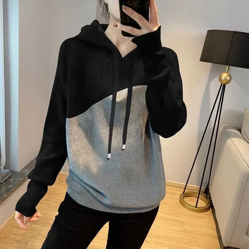 

CNACNOO Streetwear Thin Bright Line Decoration Worsted Hoodies Leisure Loose Patchwork Hooded Spring Autumn Women's Clothing