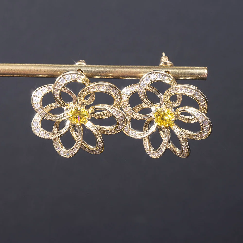 

European hollow full zircon large flower earrings sweet hollow petal lady elegant sweet stud earring