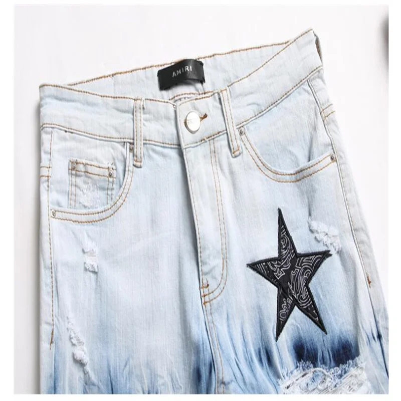 European goods jeans mens trousers ripped embroidery five-pointed star trend elastic slim-fit pencil pants all-match джинсы