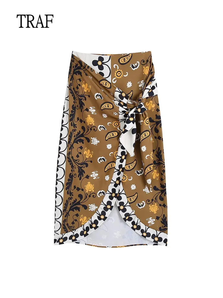 

TRAF Skirts Women 2022 Print Sarong Skirt Woman High Waist Midi Long Skirt Woman Clothing Elegant Bow Summer Streetwear Women