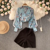 womens two piece set summer suit vintage print lantern sleeve lace ruffle blouse tops high waist shorts set female ol outfits