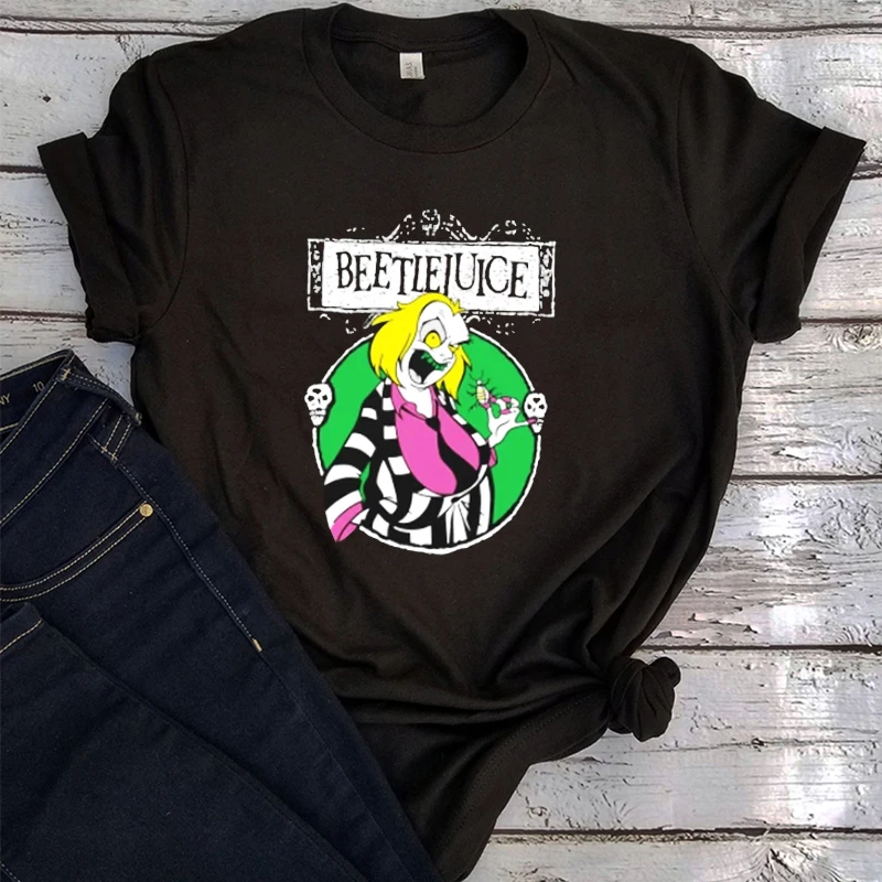 

Мультяшная Темная футболка от Beetlejuice, эстетические топы от Beetlejuice, кавайная Женская одежда, повседневная футболка в стиле Харадзюку, винтажн...