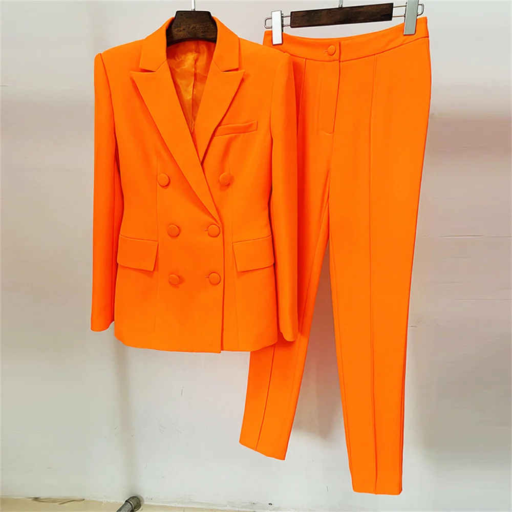Orange Women Pant Sets 2023 New Fashion Double Breasted Button Blazer Trousers Suit Office Ladies Work Wear Formal Two Piece Set