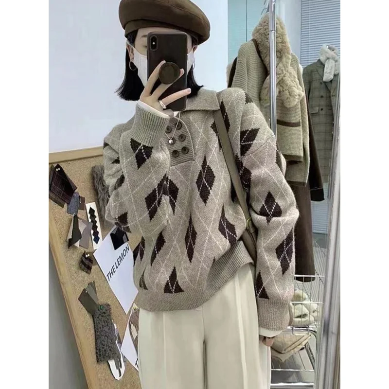 

Japanese-Style Retro Rhombus Polo Collar Sweaters Women's Clothing Season New Design Sense Niche Color Contrast Short Knitwear