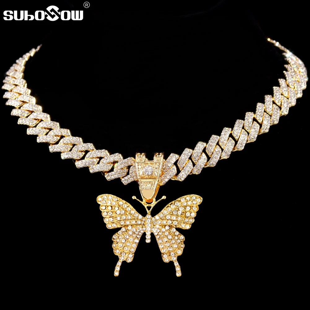 

Hip Hop Iced Out Bling Butterfly Pendant Necklace For Women Men with 14mm Rhombus Cuban Link Chain HipHop Necklaces Jewelry Gift