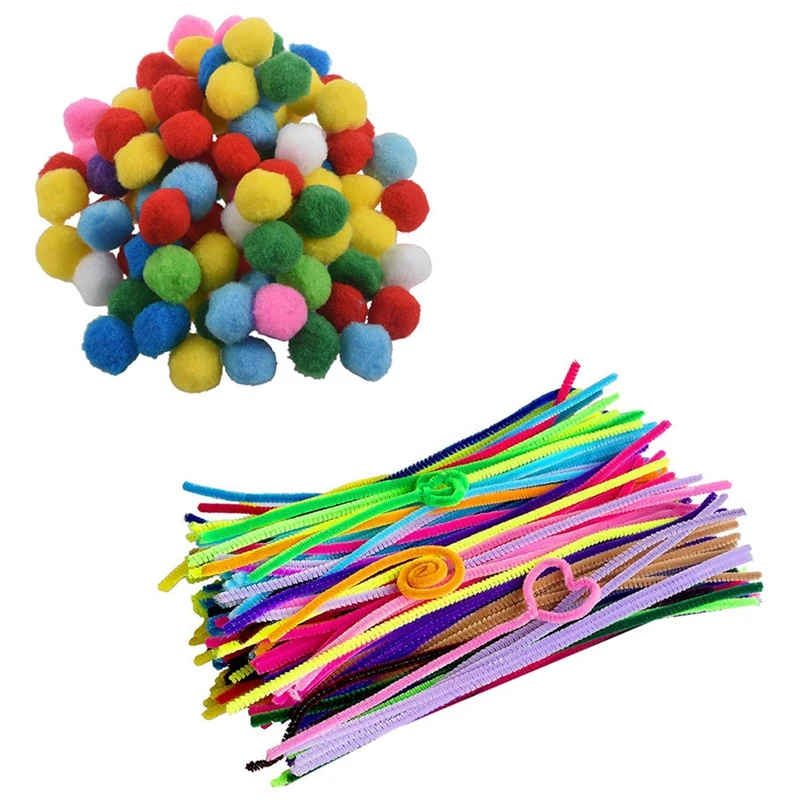 

100 Pcs Mixed Color Soft Fluffy Pompoms For Kids Crafts, 35Mm & 300 Pcs Pipe Cleaners Chenille Stems 60Mm X 300Mm