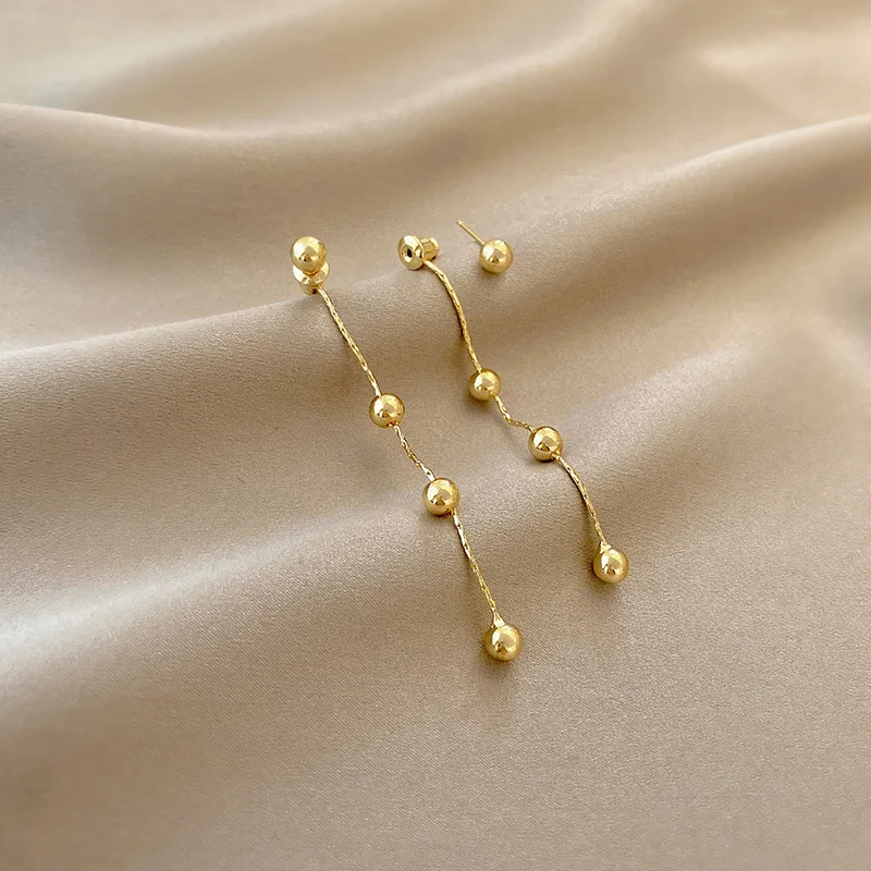 

South Korea New Fashion Long Tassel Round Bead Earrings Women Personality Stainless Steel Earrings Girl Anniversary Gift