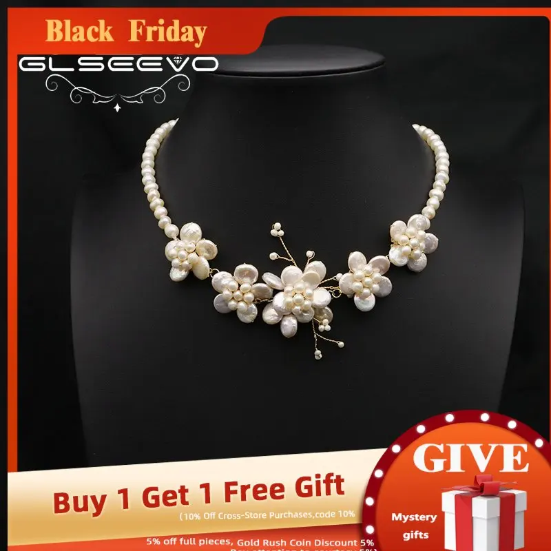 

Ожерелье GLSEEVO с пятью белыми натуральными жемчужинами и цветами, женское ожерелье в крупном стиле, модные популярные роскошные украшения в ...