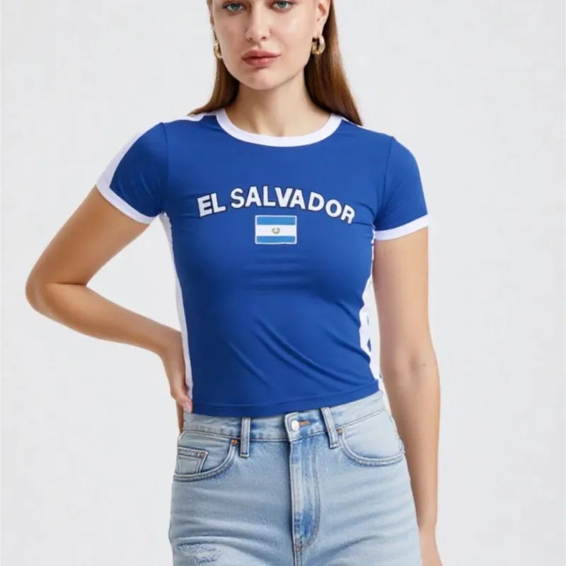 Фото Летняя женская футболка Y2K Baby Tee Slim Fit с коротким рукавом, синяя, с круглым вырезом, базовая, в спортивном повседневном стиле, укороченный топ №3