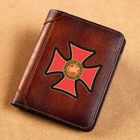 high quality genuine leather men wallets vintage templar cross printing short card holder purse luxury brand male wallet