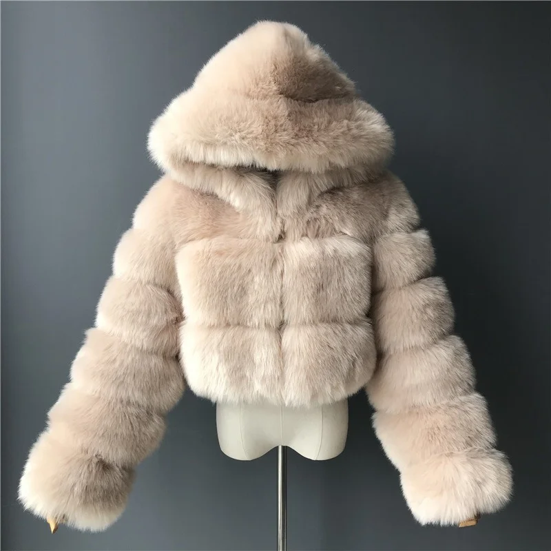 Fashion Dark Gray Hooded Faux Fur Coat Furry Short Coat Winter Shawl Thickened Fluffy Shawl Ladies Prom Jacket Women Coats