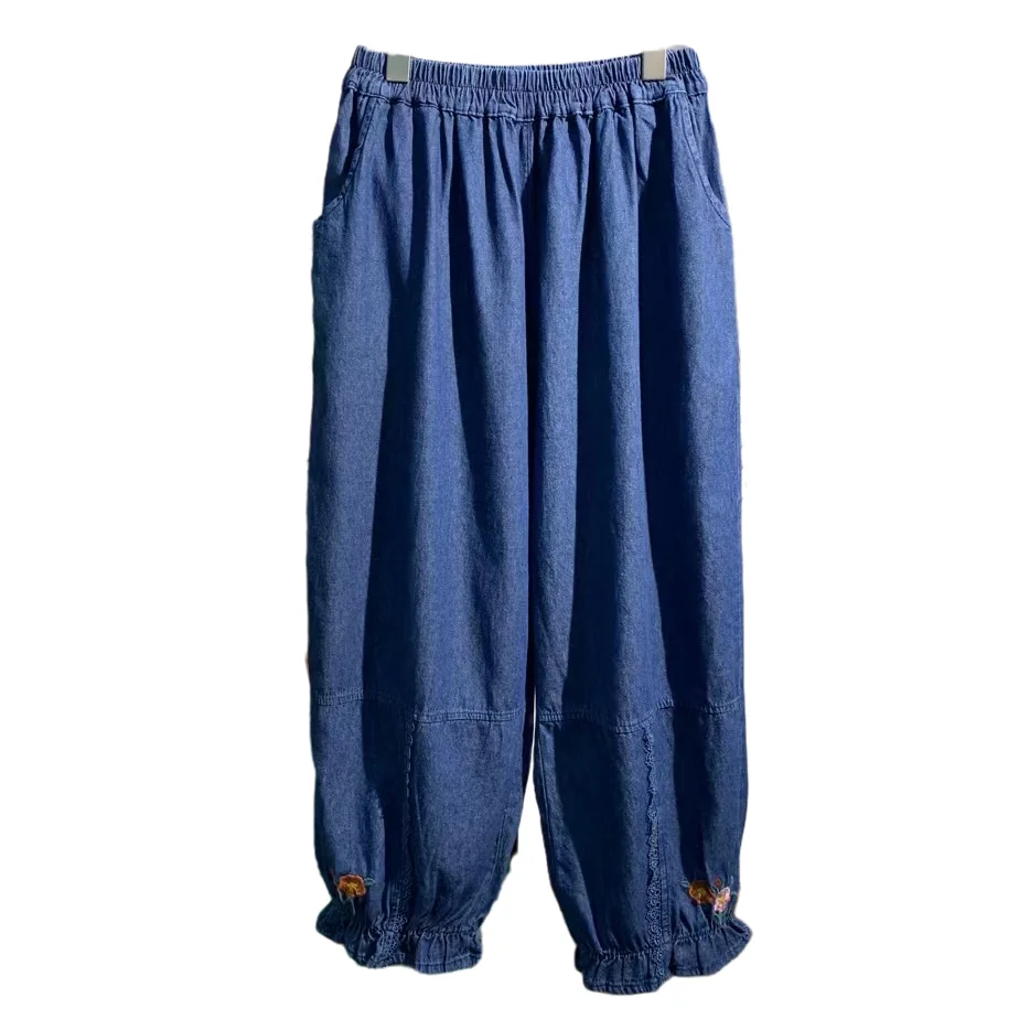 Джинсы с вышивкой Mori Girl женские винтажные свободные хлопковые брюки до щиколотки