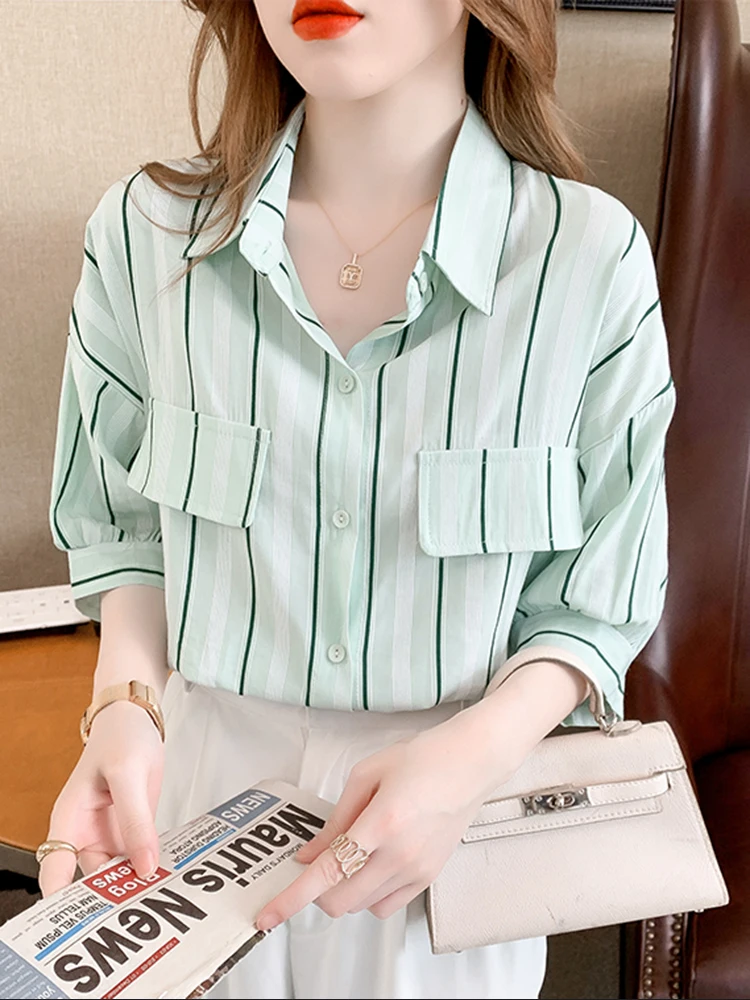 

Striped Shirt Women Blouse Office Lady Clothes 2022 Summer Turn-down Collar Top Korean Fashion Shirts Short Sleeve Blouses Femme