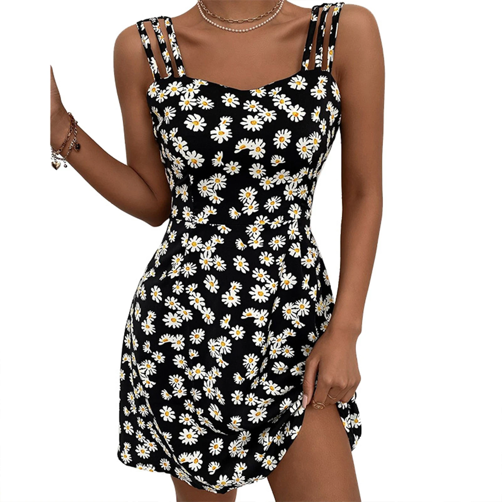 

Мини-юбка на бретельках с цветочным рисунком, Новинка лета 2023, женское приталенное пляжное платье на бретельках