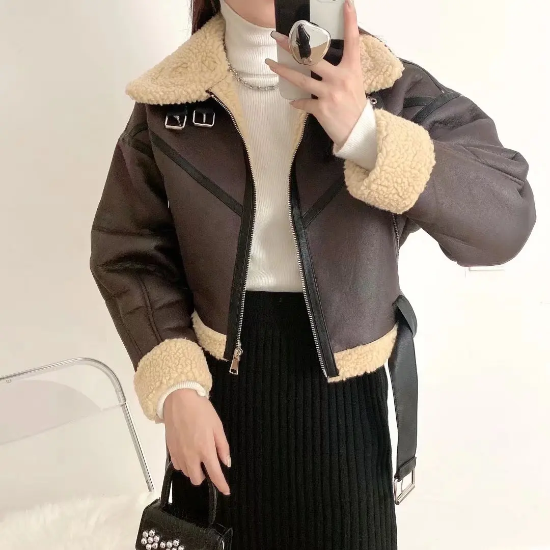 

Women 2022 New Fashion Short Style Locomotive Fur In One Jacket Coat Long Sleeve Female Outerwear Chic Top Mujer