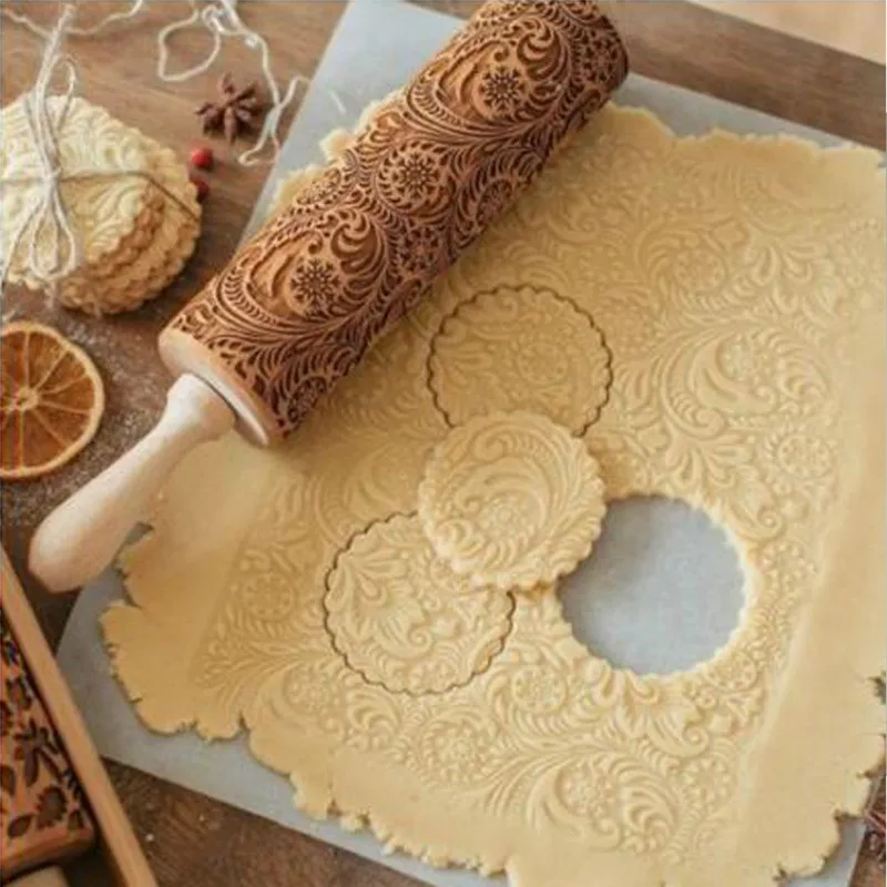 Christmas Embossing Rolling Pin Baking Cookies Noodle Biscuit Fondant Cake Dough Engraved Roller Flower