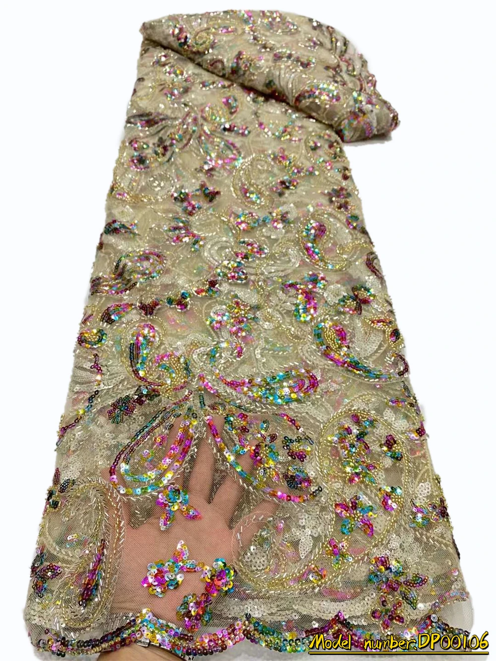 

OEMG Top Quality Luxury Handmade Beads African Lace fabric 2022 Sequins Embroidery Lace Fabric Nigerian For Bridal Dress JJ0100